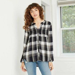 Women v neck floral button blouse tshirt top M